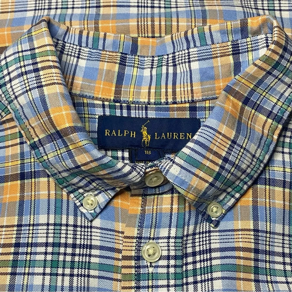 Ralph Lauren Button Down Shirt Youth Boy Size 18 Blue Orange Plaid Preppy